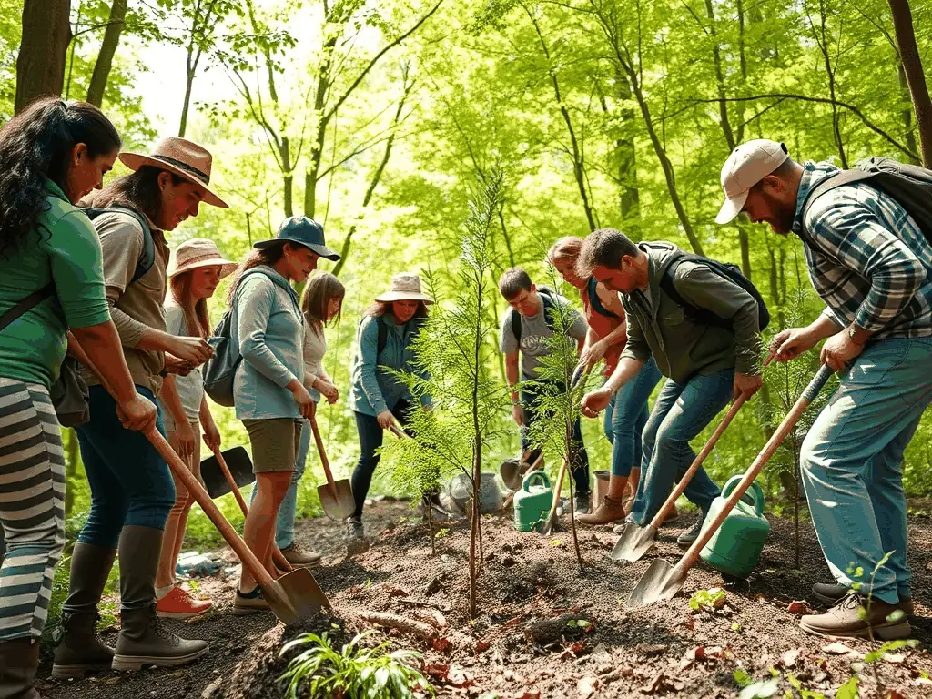 A serene landscape featuring a team of conservationists planting native trees in a restored forest area, symbolizing the organization's commitment to ecological restoration and biodiversity enhancement.