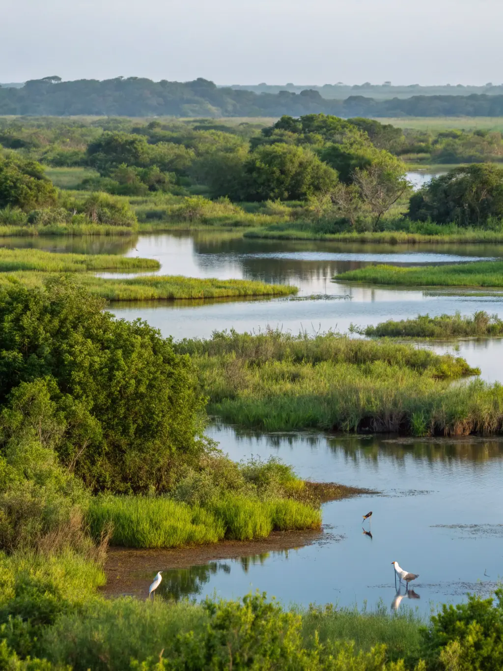 An aerial view of a restored wetland area, showcasing the successful rehabilitation of aquatic ecosystems.