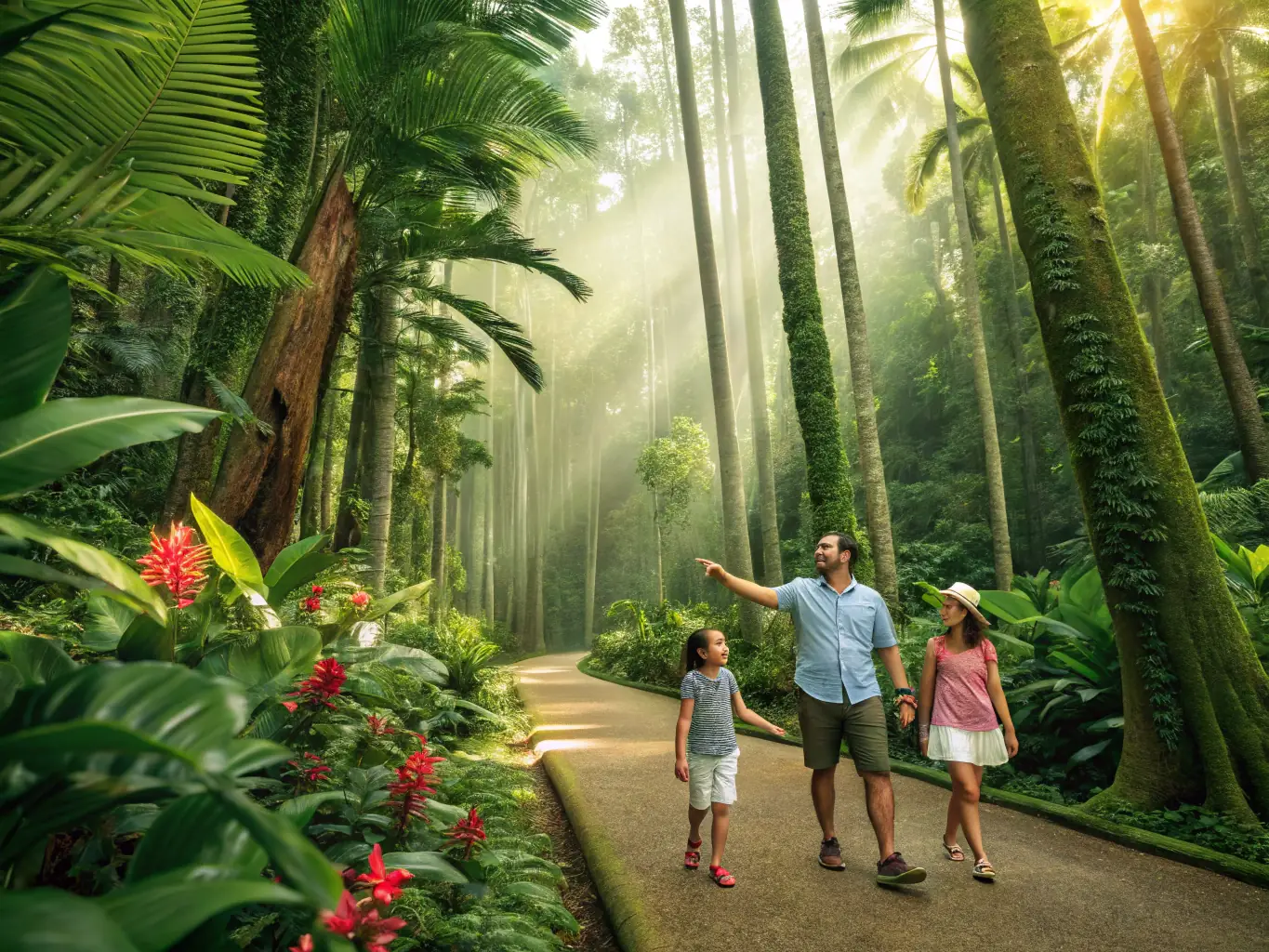 A community event with families participating in a nature walk, highlighting community engagement and environmental awareness.