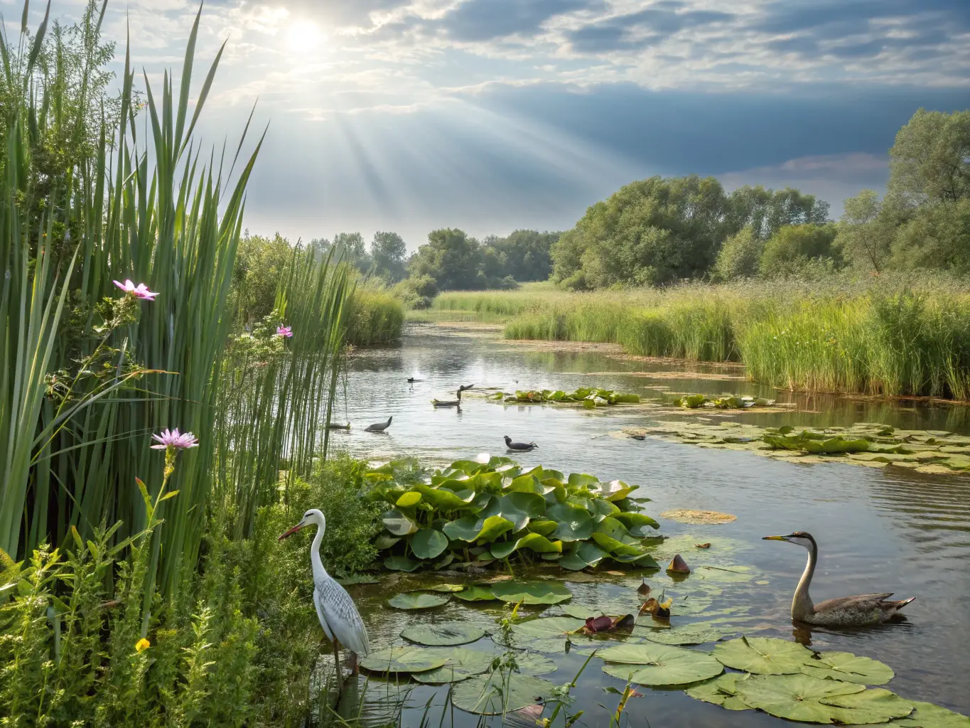A serene wetland landscape with diverse plant life and various bird species, symbolizing the Protection des Zones Humides de la Vallée project. The image should evoke a sense of tranquility and ecological balance.