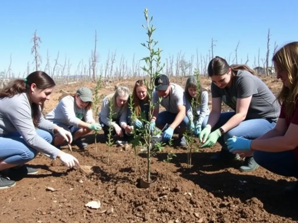 A group of volunteers planting trees in a deforested area, representing community involvement in conservation efforts. The image should convey a sense of collaboration and environmental stewardship.