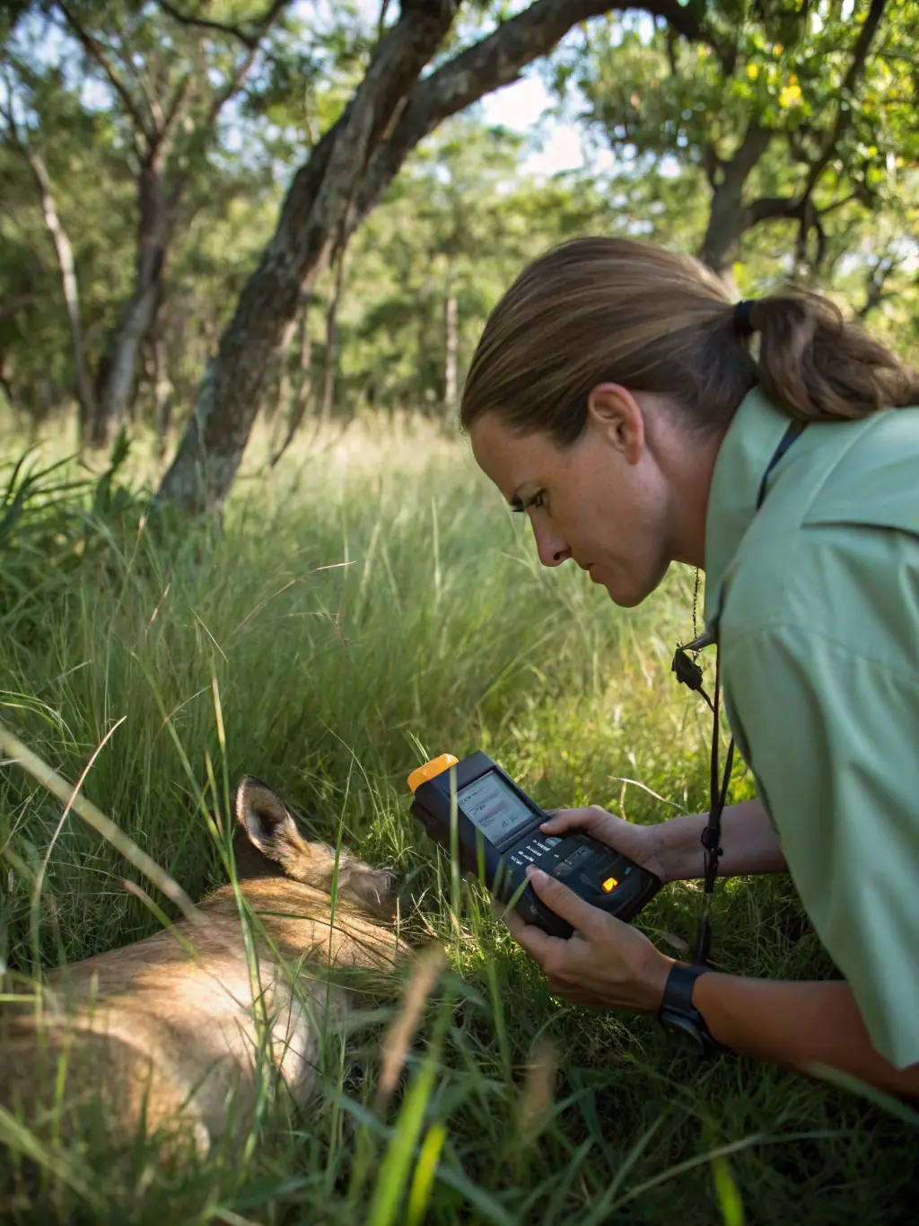 A close-up shot of a researcher monitoring a protected species in its natural habitat, highlighting the species conservation program of CONSERVATOIRE D'ESPACES NATURELS DE NOUVELLE-AQUITAINE.
