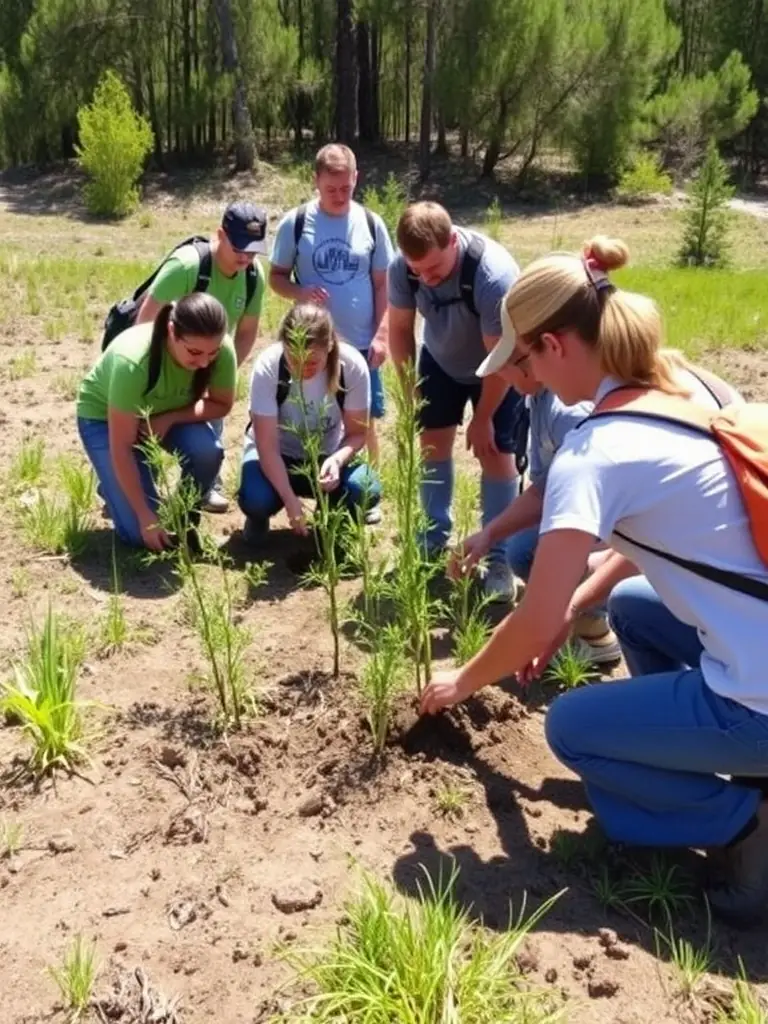 A photograph of volunteers planting native trees in a deforested area, illustrating the reforestation efforts undertaken by CONSERVATOIRE D'ESPACES NATURELS DE NOUVELLE-AQUITAINE.