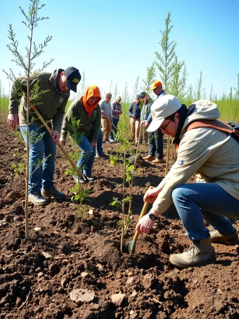 A photograph of volunteers planting trees in a deforested area, symbolizing reforestation efforts in Nouvelle-Aquitaine.