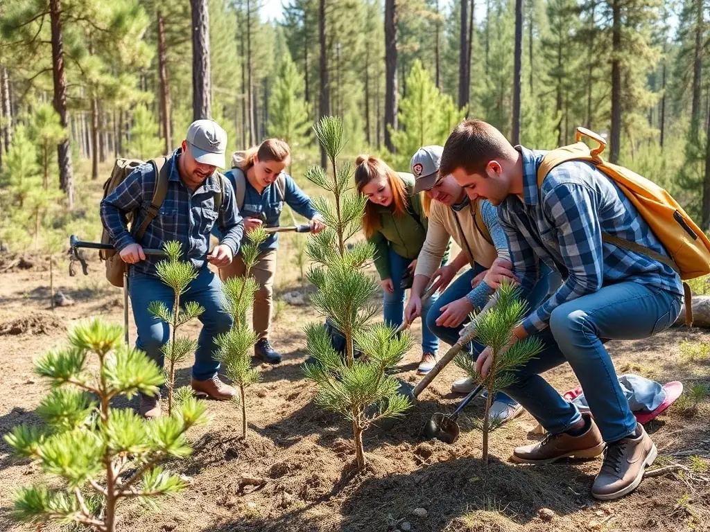 A picturesque scene of volunteers participating in a community clean-up event in a local forest, highlighting the organization's commitment to community engagement and environmental stewardship.