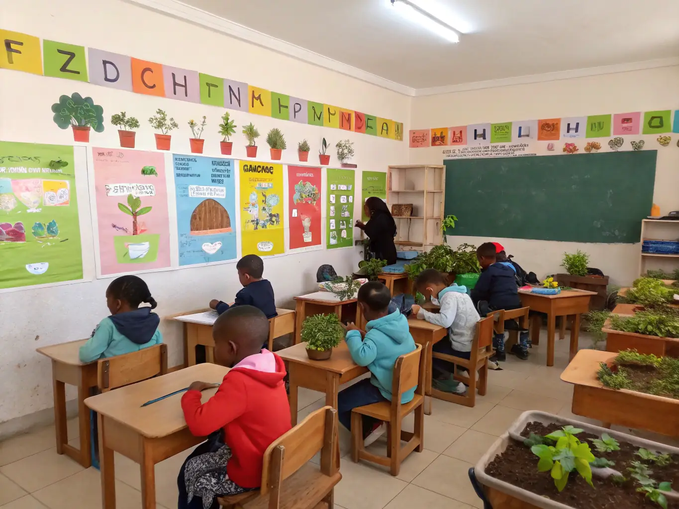 A classroom setting with children learning about local flora and fauna, emphasizing interactive education.