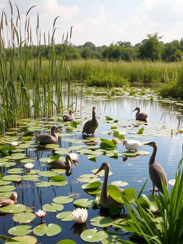 A serene image of a restored wetland area, showcasing diverse plant life and waterfowl, symbolizing the successful wetland restoration program of CONSERVATOIRE D'ESPACES NATURELS DE NOUVELLE-AQUITAINE.