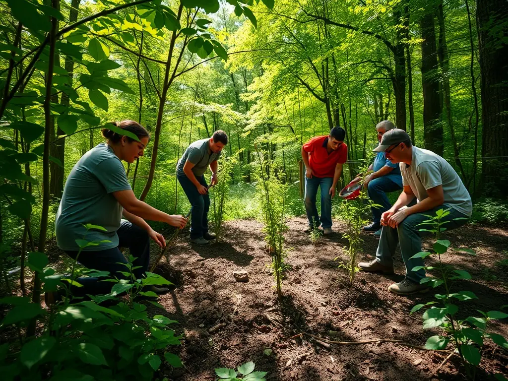 A group of volunteers planting trees in a deforested area, focusing on teamwork and environmental restoration.