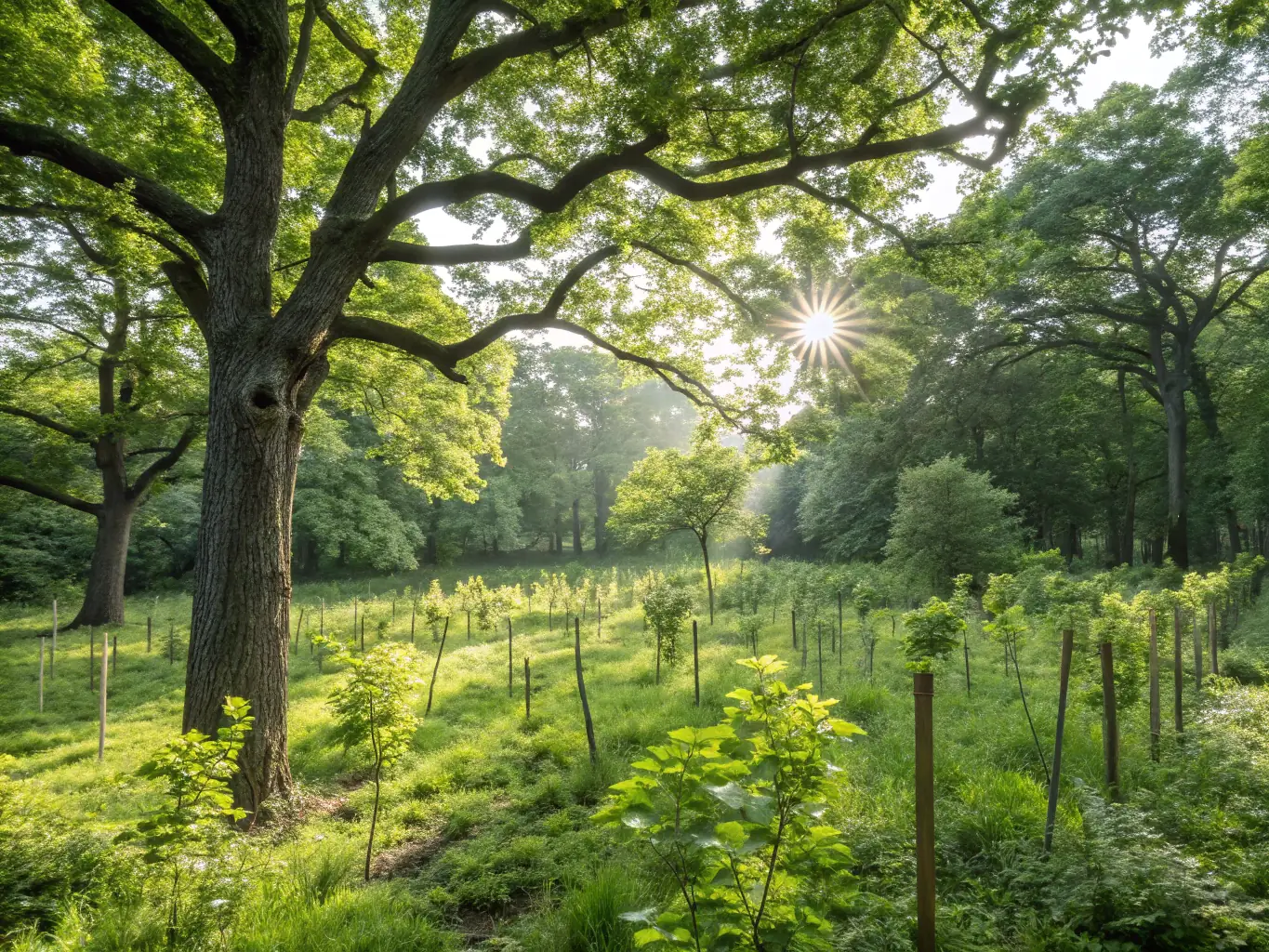 A lush, green forest scene with sunlight filtering through the canopy, representing the Restauration de la Forêt de Saint-Gence project. The image should convey a sense of renewal and ecological restoration.