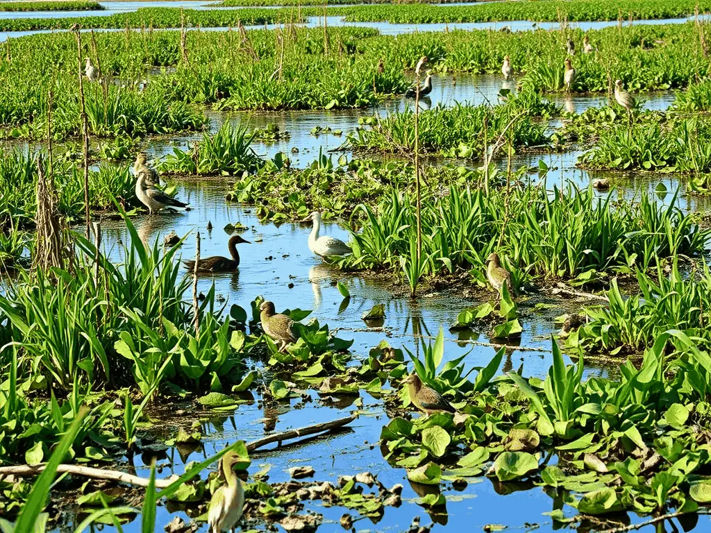 A vibrant image showcasing a protected wetland area teeming with diverse wildlife, illustrating the organization's efforts in preserving critical habitats and supporting local biodiversity.