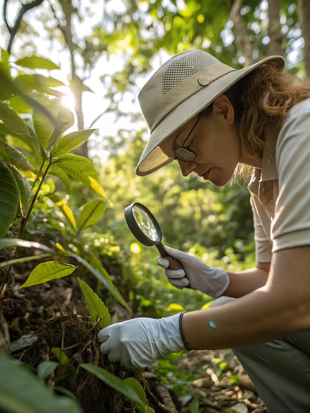 A close-up shot of a researcher examining a rare plant species in a protected natural area, highlighting biodiversity conservation.